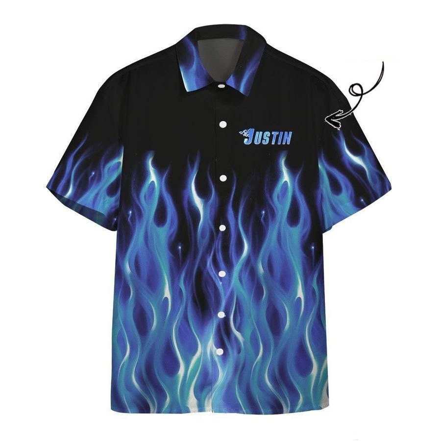 3D AOP Hot Rod Blue Flame Bowling Custom Name Hawaiian Shirt Summer Aloha Shirt