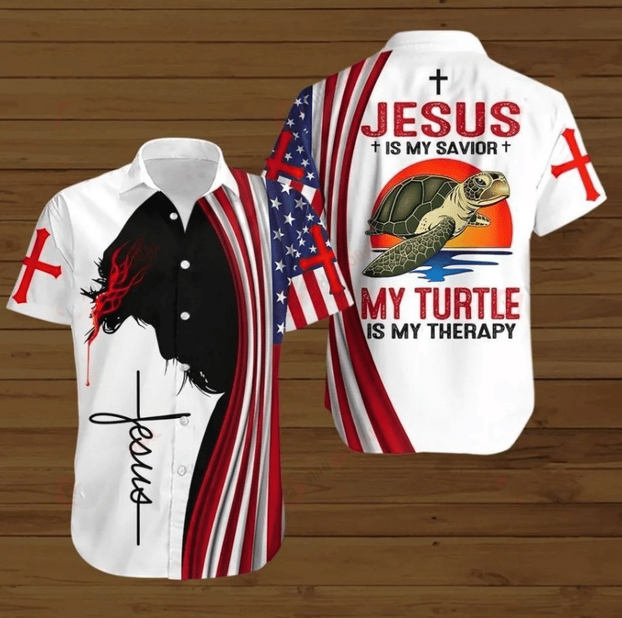 4th Of July Independence Day Jesus Bible Cross Jesus Is My Savior My Turtle Is My Therapy Hawaiian Shirt Summer Aloha Shirt, Short Sleeve Hawaiian Shirt