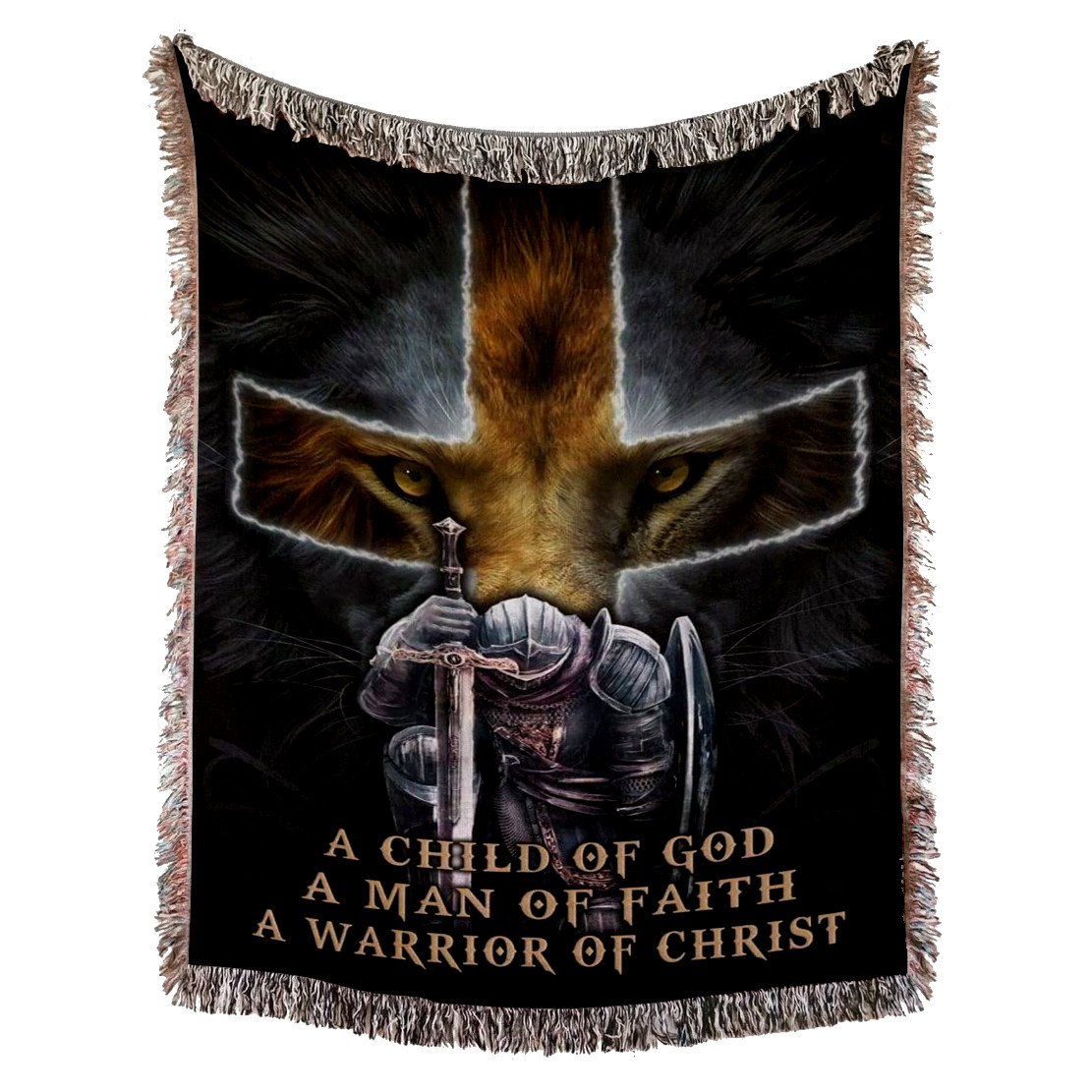 A Child of God A Man of Faith A Warrior of Christ Woven Blanket - Christian Woven Throw Blanket - God Lion Warrior Christian Blanket