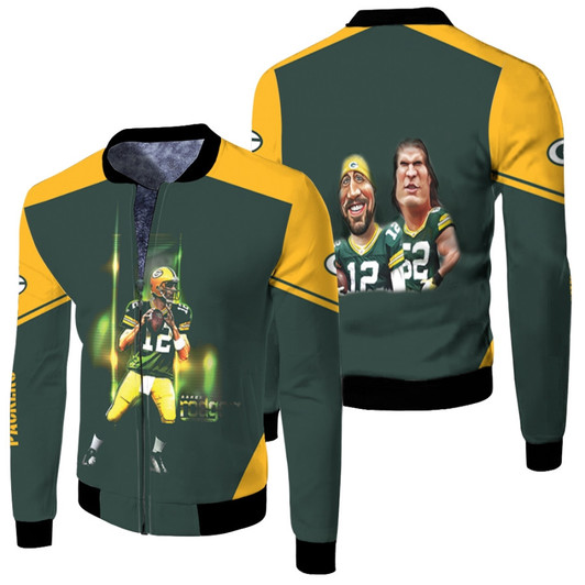 Aaron Rodgers Green Bay Packers Nfl Green Gold Fleece Bomber Jacket