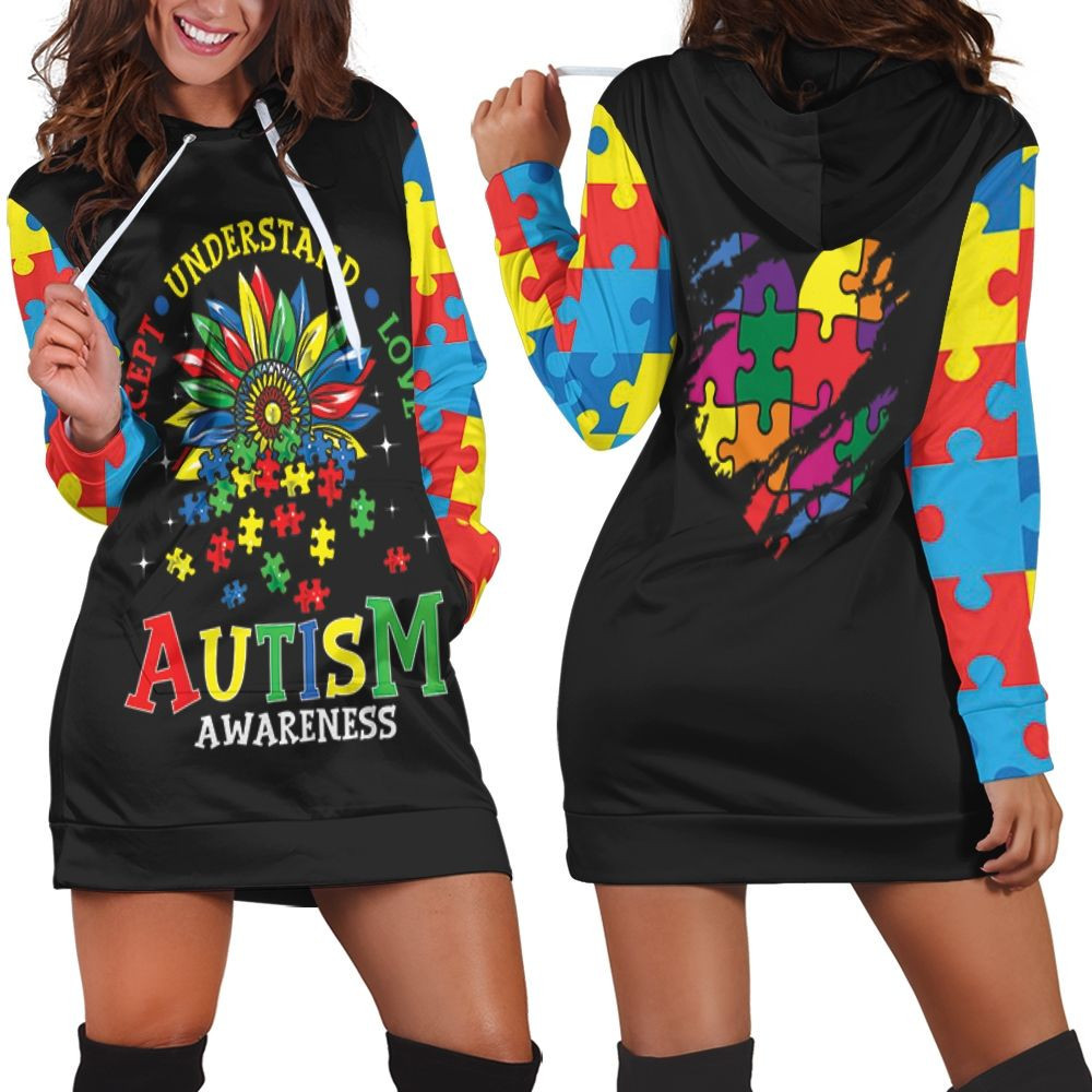 Accept Understand Love Autism Support Hoodie Dress Sweater Dress Sweatshirt Dress