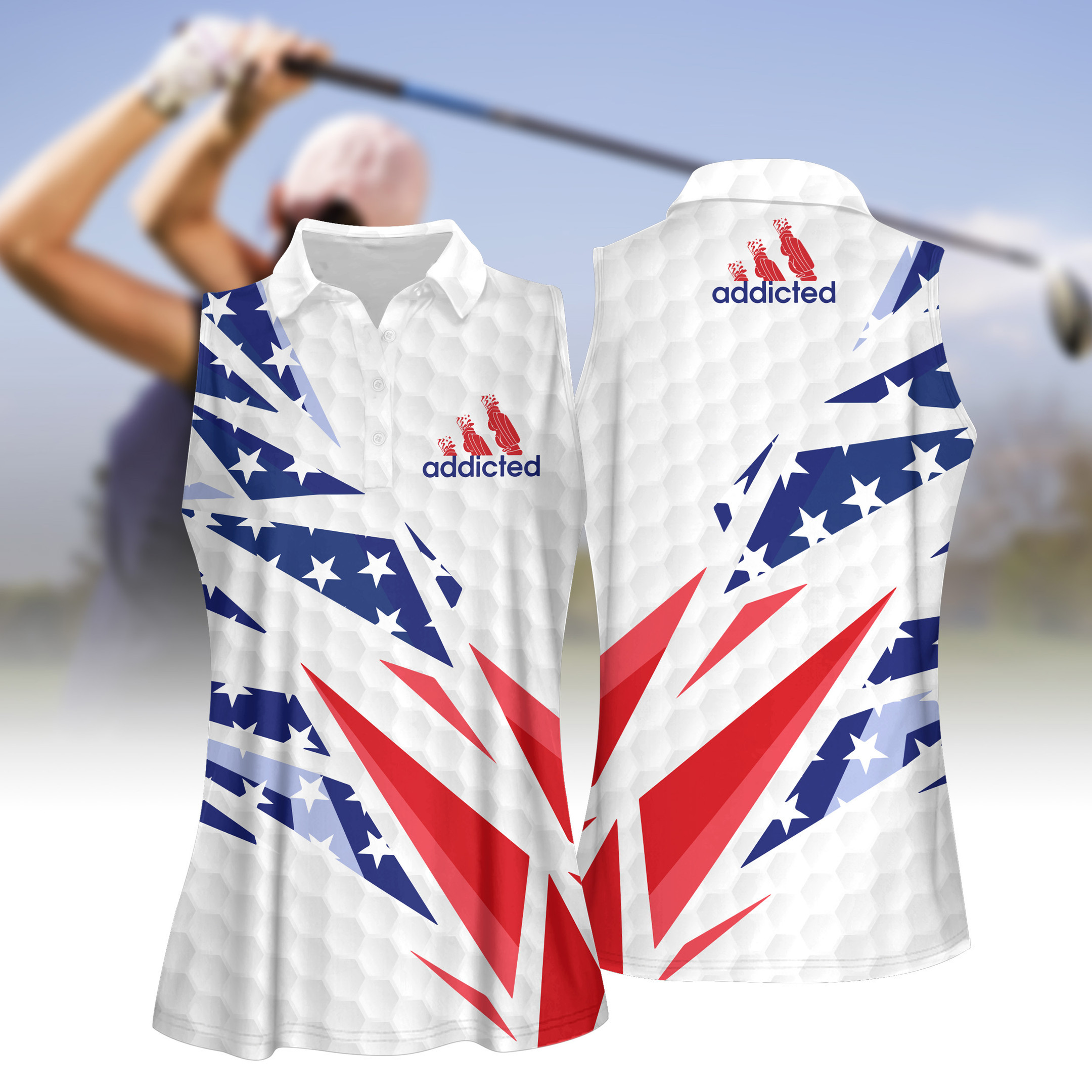 Addicted American Flag Abstract 4th Of July Patriotic Women Short Sleeve Polo Shirt Sleeveless Polo Shirt