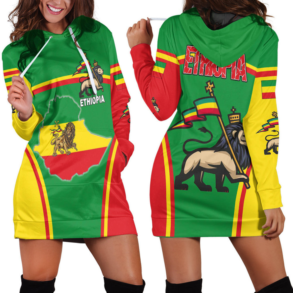 Africa Zone Clothing Ethiopia Lion Active Flag Hoodie Dress For Women