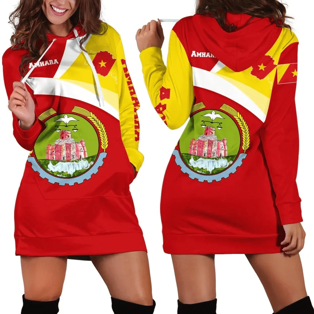 Africa Zone Dress Amhara Flag Maps Red Women Hoodie Dress For Women