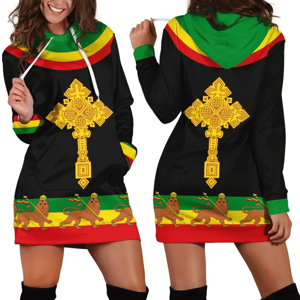 Africa Zone Dress Ethiopia Cross Flag Lion Black Hoodie Dress For Women