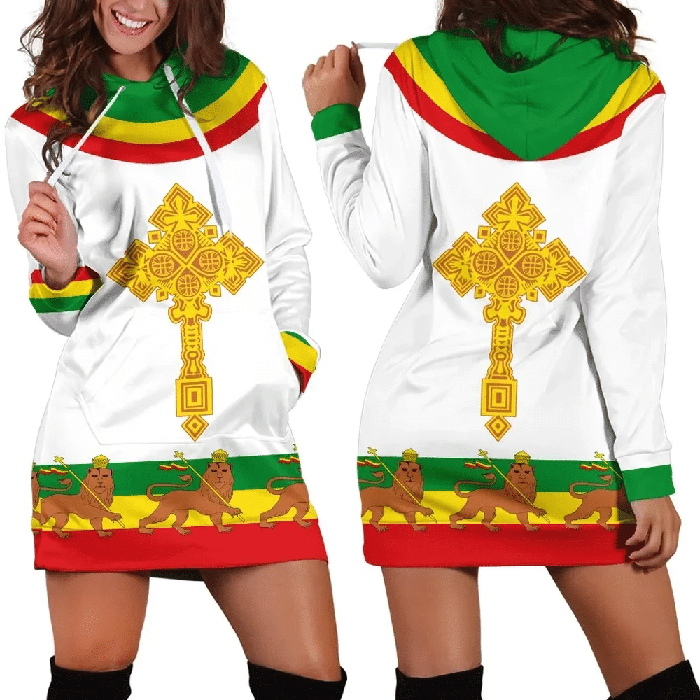 Africa Zone Dress Ethiopia Cross Flag Lion White Hoodie Dress For Women