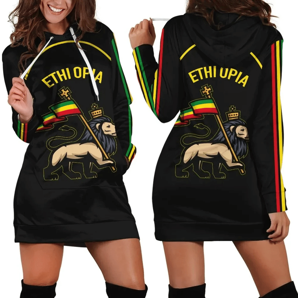 Africa Zone Dress Ethiopia Flag Lion Black Hoodie Dress For Women