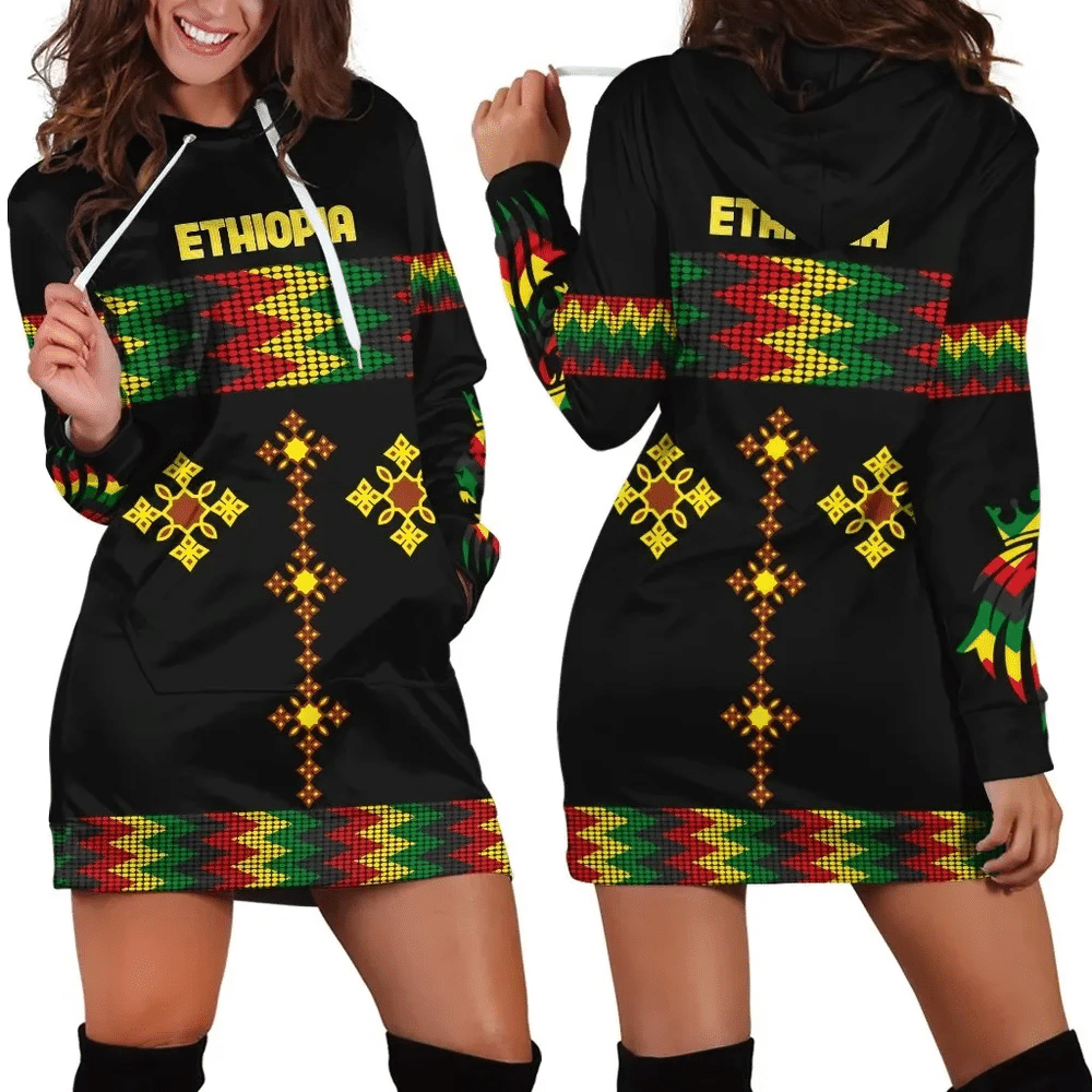 Africa Zone Dress Ethiopia Rasta Round Pattern Black Hoodie Dress For Women