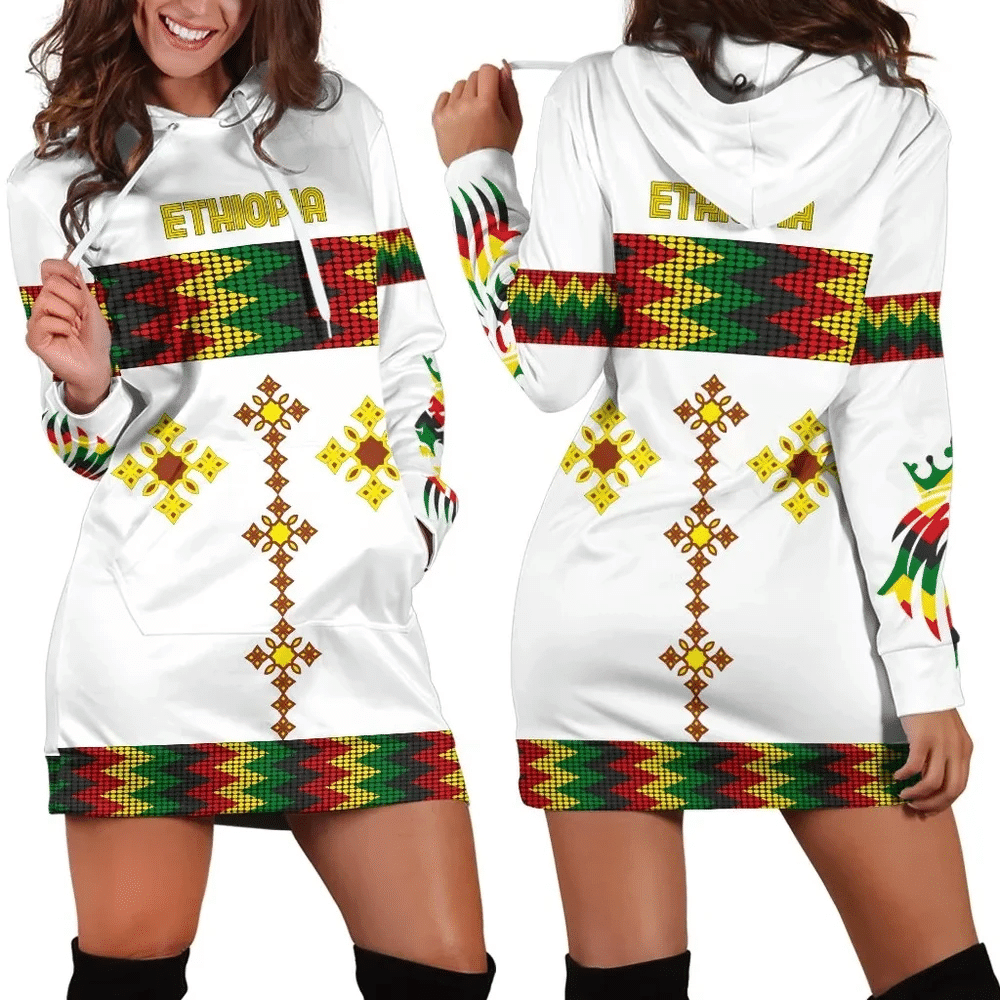 Africa Zone Dress Ethiopia Rasta Round Pattern White Hoodie Dress For Women