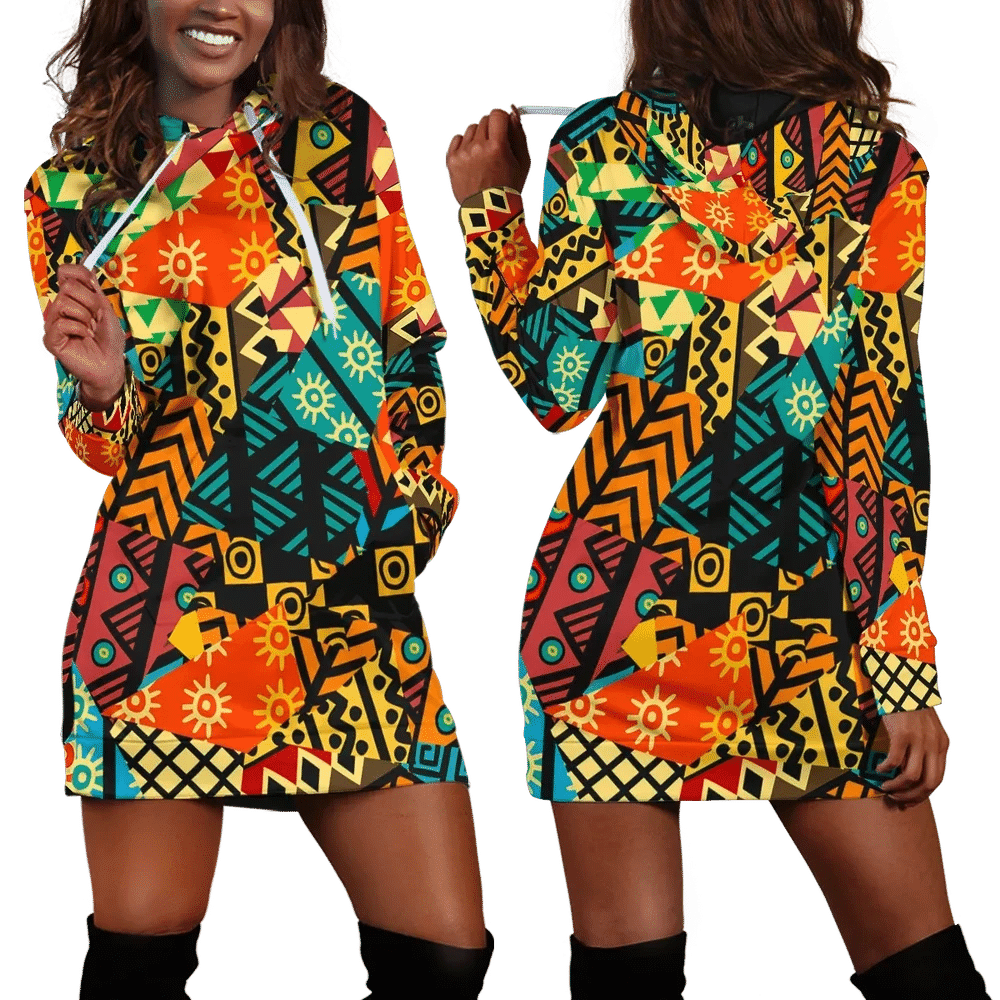 African Pattern Pullover Hoodie Dress JR For Women