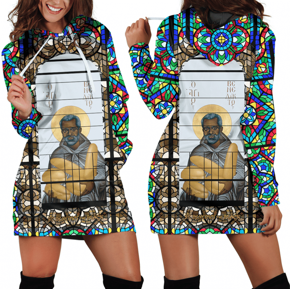 Africazone Clothing Saint Benedict of the African On Stained Glass Hoodie Dress For Women