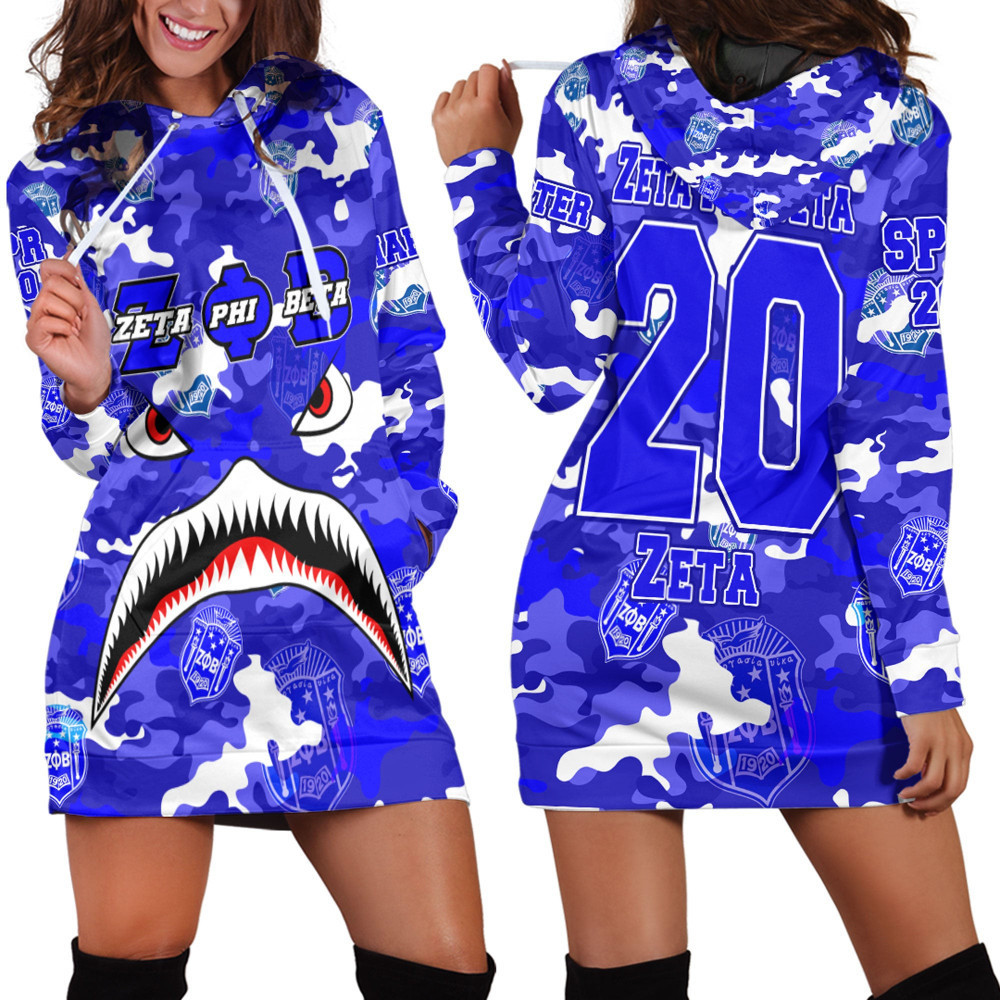 Africazone Clothing Zeta Phi Beta Full Camo Shark Hoodie Dress For Women