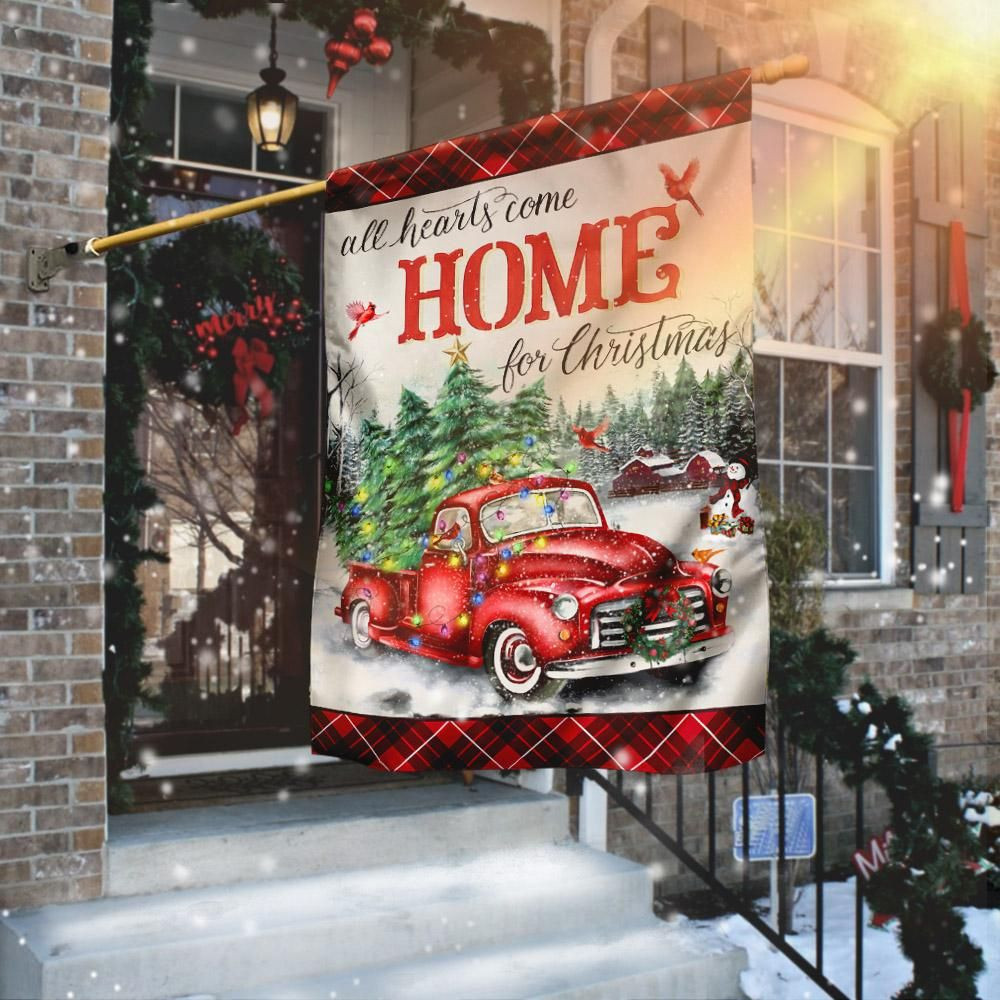 All Hearts Come Home For Christmas Red Truck Christmas Tree Garden Flag House Flag