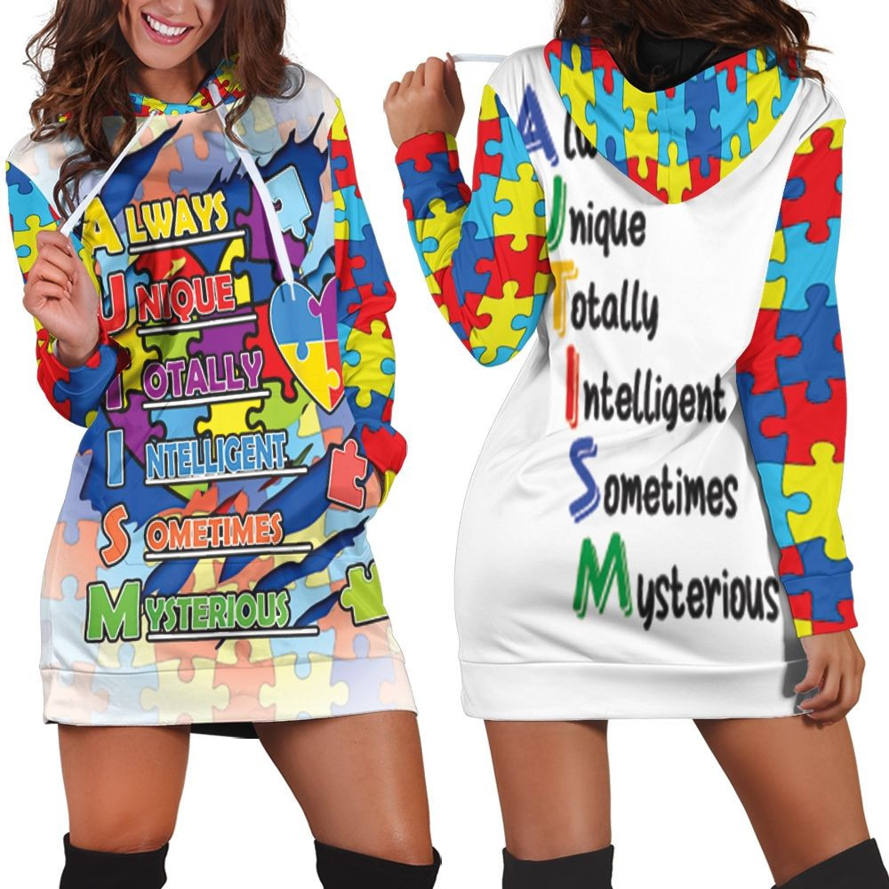 Always Unique Totally Intelligent Sometimes Mysterious Puzzle Heart Autism Support Hoodie Dress Sweater Dress Sweatshirt Dress