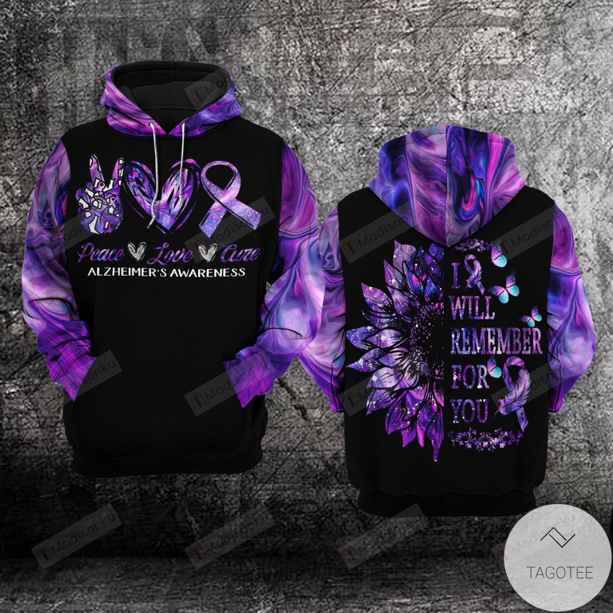 Alzheimer's Awareness Peace Love Cure I Will Remember For You Sunflower For Unisex 3D All Over Print Hoodie