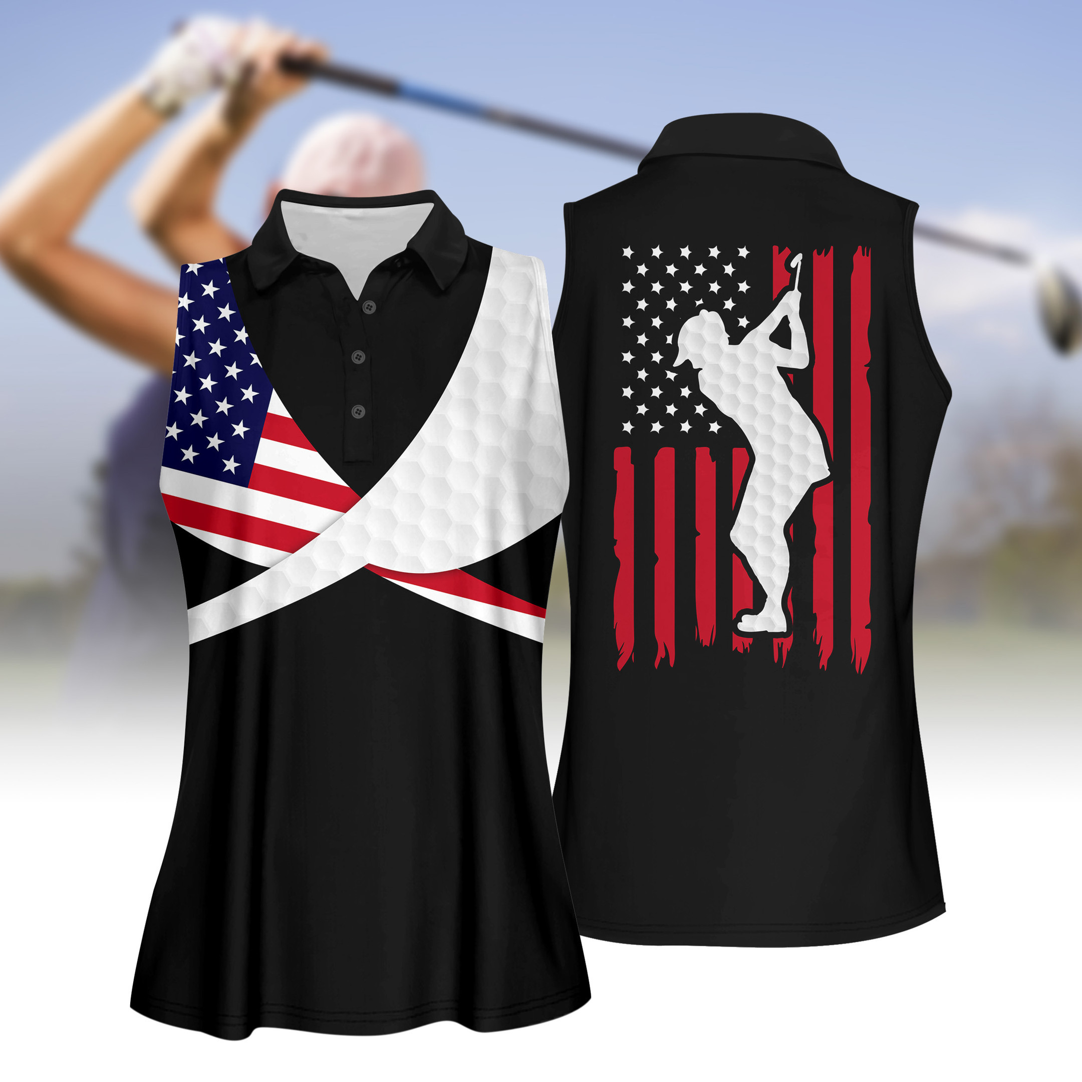 America Golf Silhouette Black Version Women Short Sleeve Polo Shirt Sleeveless Polo Shirt