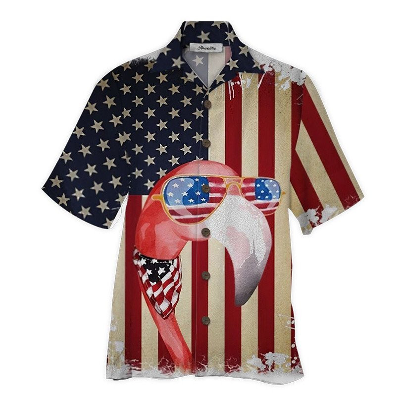 American Flag Flamingo Hawaiian Shirt Summer Aloha Shirt, Short Sleeve Hawaiian Shirt