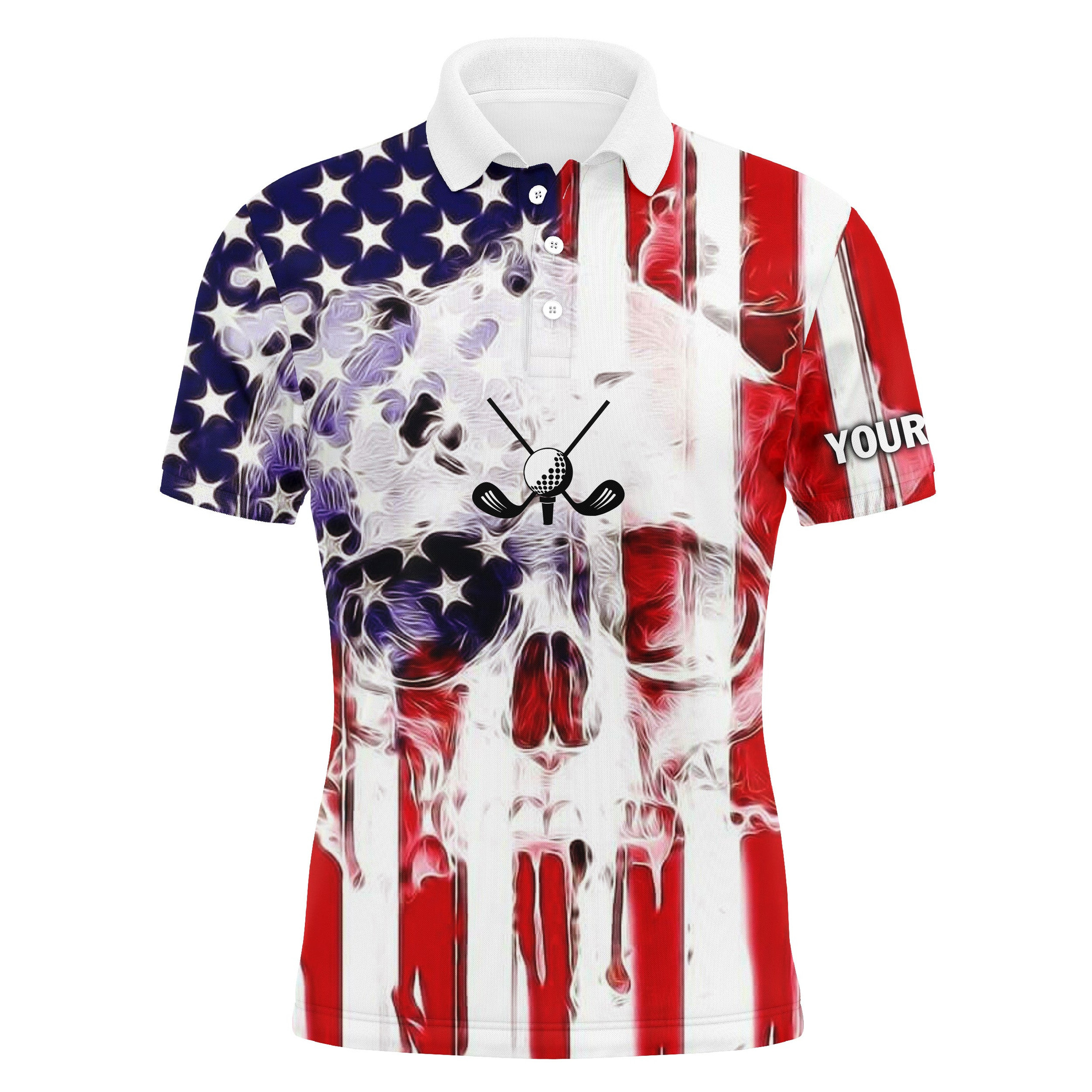 American Flag Skull Dri Fit Long Sleeve Golf Polo Shirts Personalized Patriotic Gifts For Golf Lovers