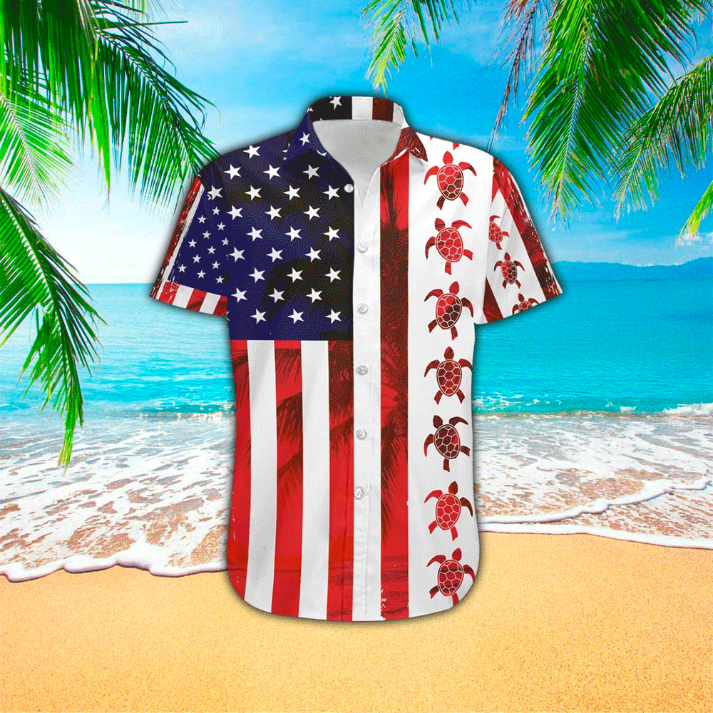 American Turtle Flag 3D Print Hawaiian Shirt Summer Aloha Shirt, Short Sleeve Hawaiian Shirt