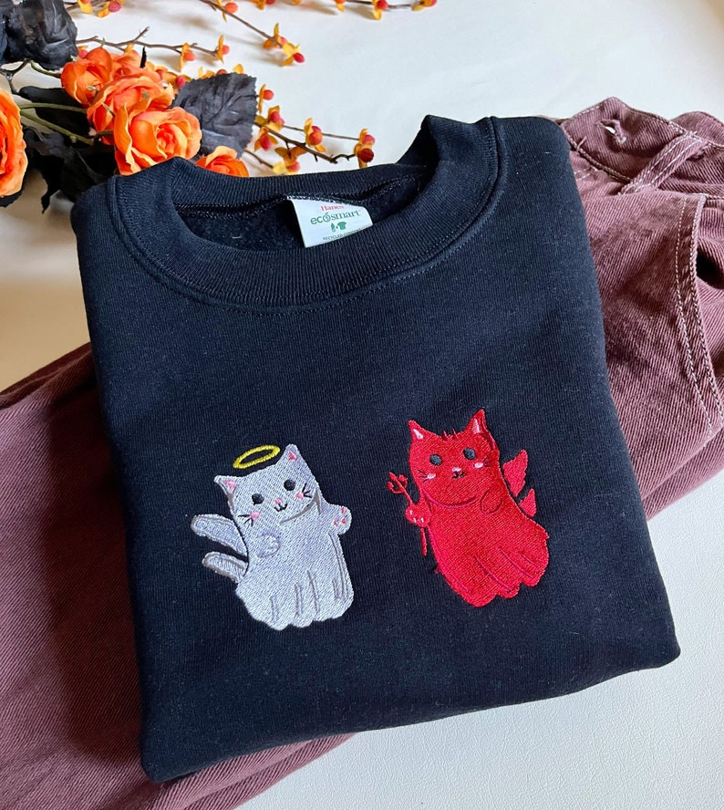 Angel and Devil Kitty Embroidered Crewneck Cat Crewneck Angel and Devil Sweatshirt Halloween Crewneck