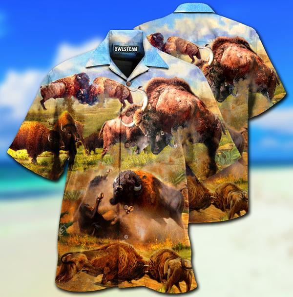 Animals Bison In Wild Battle Limited - Hawaiian Shirt - Hawaiian Shirt For Men