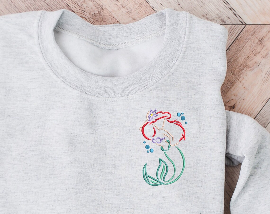 Ariel Embroidered Crewneck Disney Embroidered Sweatshirt Little Mermaid Crewneck Disney Princess Sweatshirt Womens Disney Crewneck