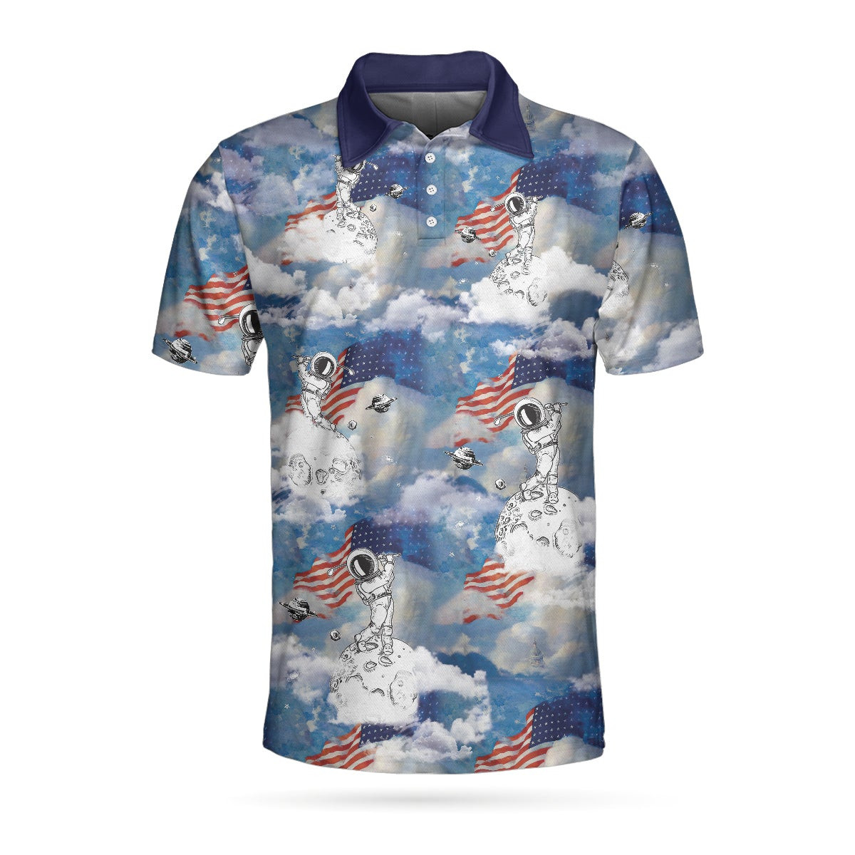 Astronaut Plays Golf In Space American Flag Polo Shirt Cloud Golfing Polo Shirt Best Golf Shirt For Men