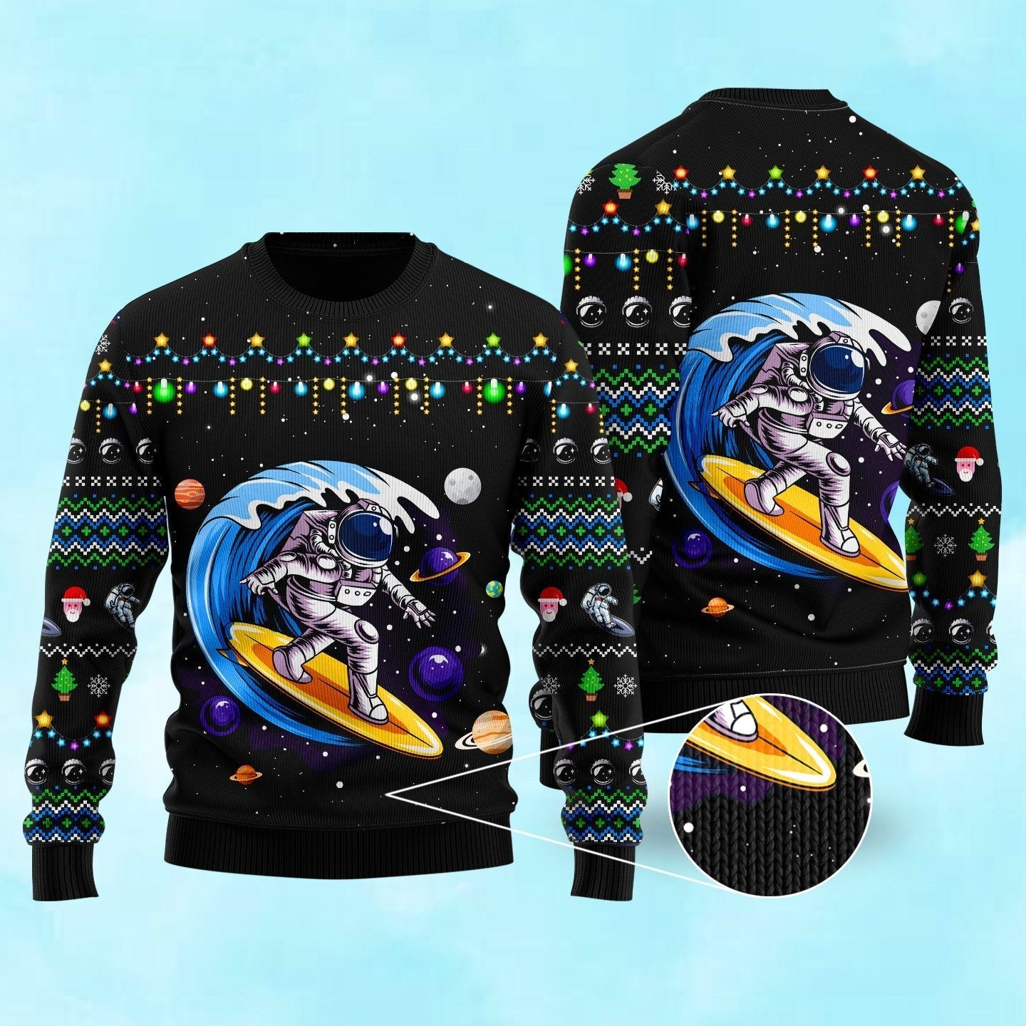 Astronauts Surf On A Surfboard In Space Ugly Christmas Sweater Ugly Sweater For Men Women