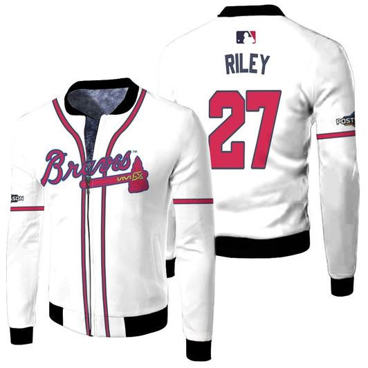 Atlanta Braves Austin Riley 27 Majestic 2019 Postseason Official White Match Jersey Style Gift For Braves Fans Fleece Bomber Jacket