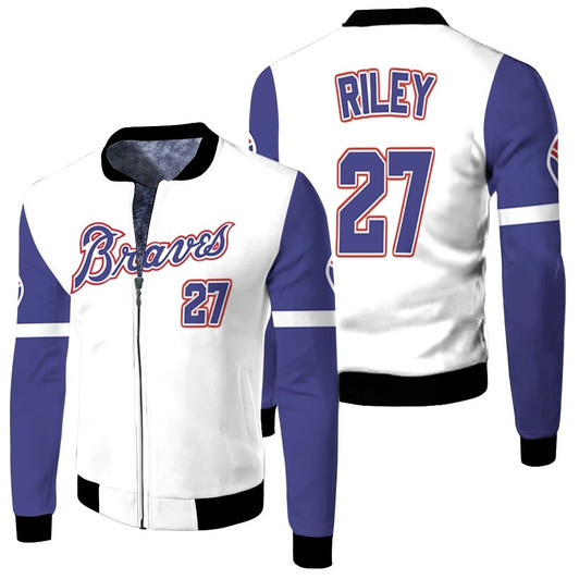 Atlanta Braves Austin Riley 27 Mlb 2020 White And Blue Match Jersey Style Gift For Braves Fans Fleece Bomber Jacket