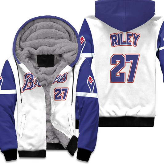 Atlanta Braves Austin Riley 27 Mlb 2020 White And Blue Match Jersey Style Gift For Braves Fans Fleece Hoodie