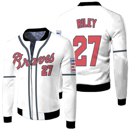Atlanta Braves Austin Riley 27 Mlb 2020 White Match Jersey Style Gift For Braves Fans Fleece Bomber Jacket