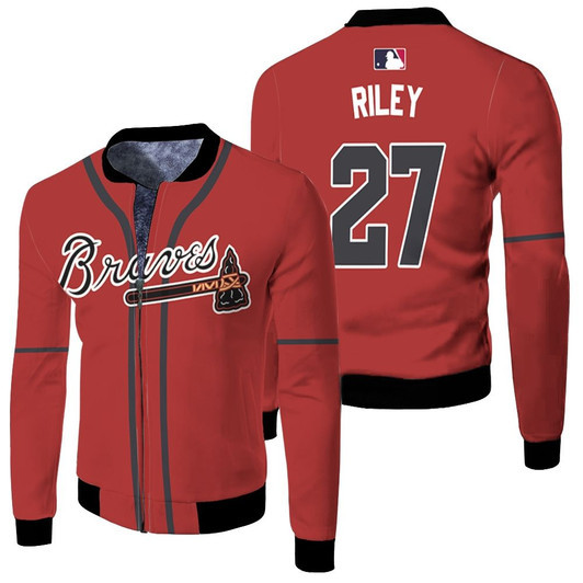 Atlanta Braves Austin Riley 27 Mlb Majestic 2019 Alternate Scarlet Jersey Style Gift For Braves Fans Fleece Bomber Jacket