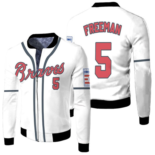 Atlanta Braves Freddie Freeman 05 Mlb 2020 White And Blue Match Jersey Style Gift For Braves Fans Fleece Bomber Jacket