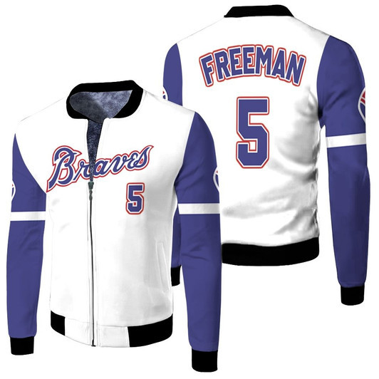 Atlanta Braves Freddie Freeman 05 Mlb 2020 White And Blue Match Jersey Style Gift For Braves Fans Fleece Bomber Jacket