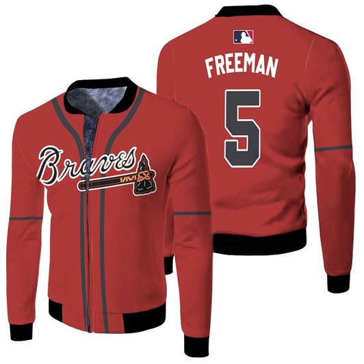 Atlanta Braves Freddie Freeman 5 Mlb Majestic 2019 Alternate Scarlet Jersey Style Gift For Braves Fans Fleece Bomber Jacket