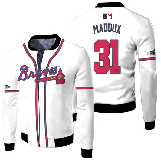 Atlanta Braves Greg Maddux 31 Majestic 2019 Postseason Official White Match Jersey Style Gift For Braves Fans Fleece Bomber Jacket