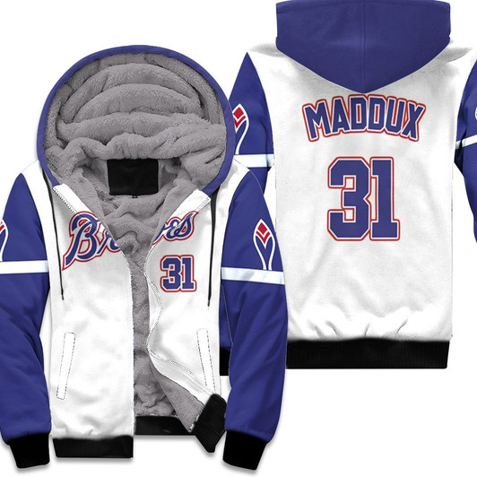 Atlanta Braves Greg Maddux 31 Mlb 2020 White And Blue Match Jersey Style Gift For Braves Fans Fleece Hoodie