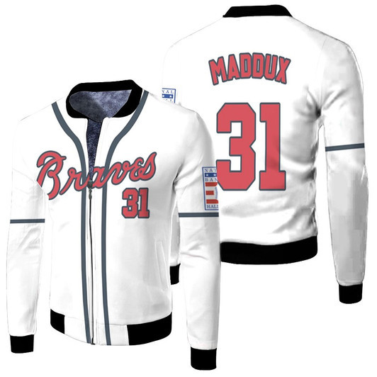 Atlanta Braves Greg Maddux 31 Mlb 2020 White Match Jersey Style Gift For Braves Fans Fleece Bomber Jacket