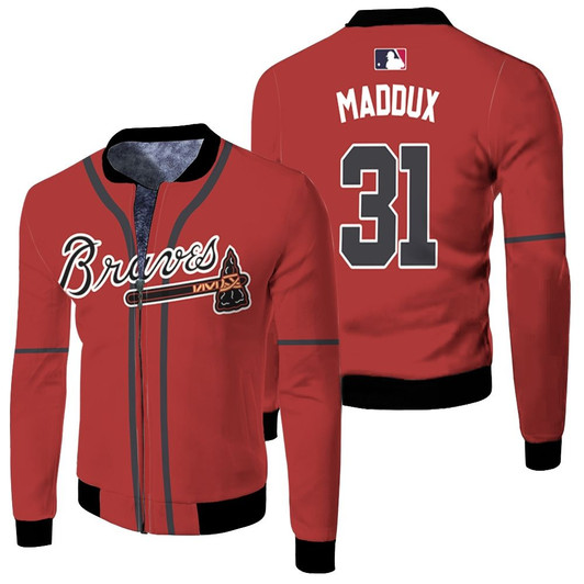 Atlanta Braves Greg Maddux 31 Mlb Majestic 2019 Alternate Scarlet Jersey Style Gift For Braves Fans Fleece Bomber Jacket