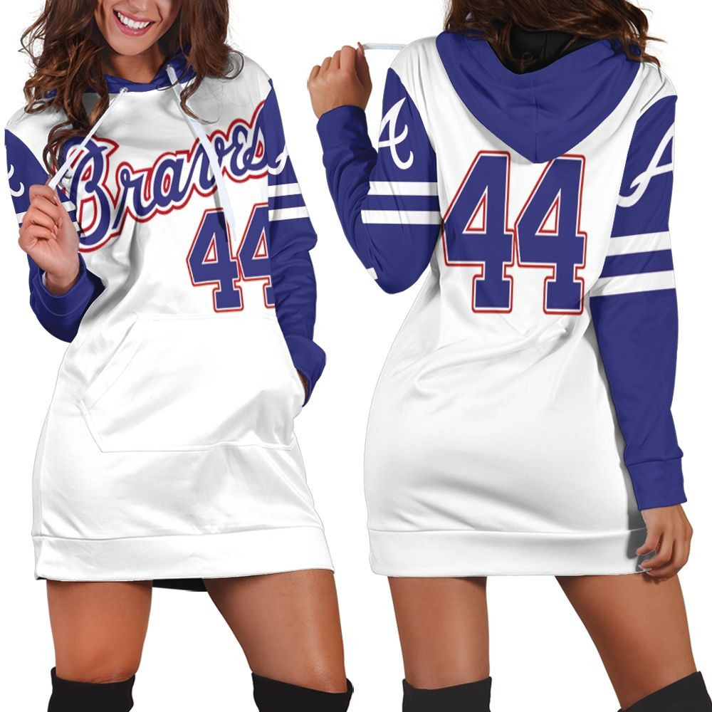Atlanta Braves Hank Aaron 44 2020 Mlb White And Blue Hoodie Dress Sweater Dress Sweatshirt Dress