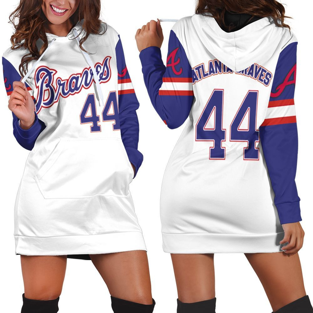 Atlanta Braves Hank Aaron 44 2020 Mlb White And Blue Jersey Inspired Style Hoodie Dress Sweater Dress Sweatshirt Dress