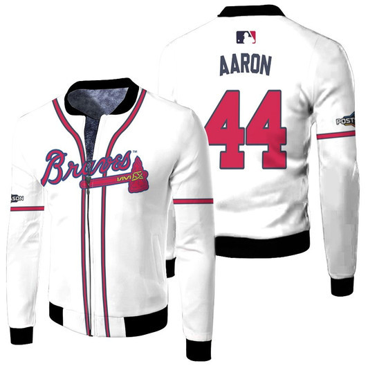 Atlanta Braves Hank Aaron 44 Majestic 2019 Postseason Official White Match Jersey Style Gift For Braves Fans Fleece Bomber Jacket