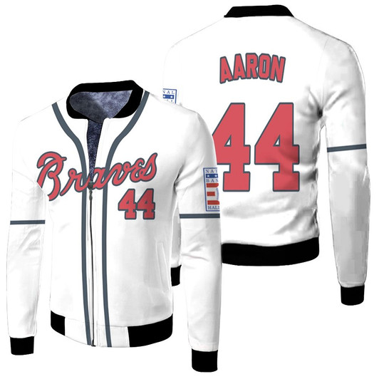 Atlanta Braves Hank Aaron 44 Mlb 2020 White Match Jersey Style Gift For Braves Fans Fleece Bomber Jacket