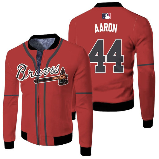 Atlanta Braves Hank Aaron 44 Mlb Majestic 2019 Alternate Scarlet Jersey Style Gift For Braves Fans Fleece Bomber Jacket