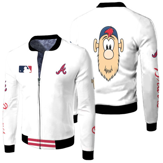 Atlanta Braves Mlb Baseball Team Meet Blooper Logo White Fleece Bomber Jacket