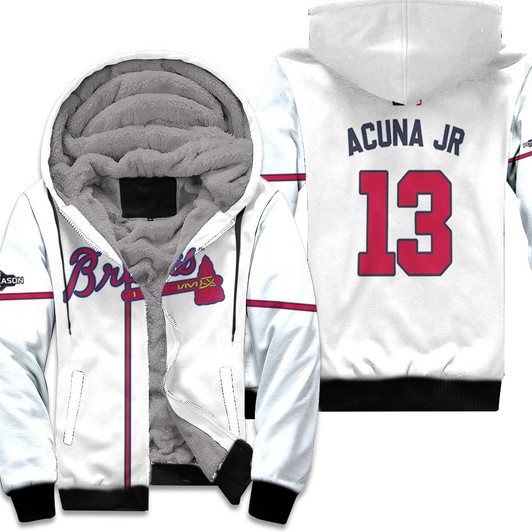 Atlanta Braves Ronald Acuna Jr 13 Majestic 2019 Postseason Official White Match Jersey Style Gift For Braves Fans Fleece Hoodie