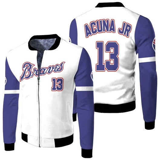 Atlanta Braves Ronald Acuna Jr 13 Mlb 2020 White And Blue Match Jersey Style Gift For Braves Fans Fleece Bomber Jacket