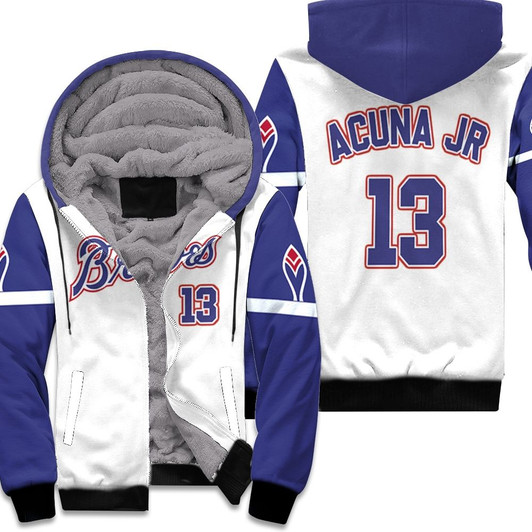 Atlanta Braves Ronald Acuna Jr 13 Mlb 2020 White And Blue Match Jersey Style Gift For Braves Fans Fleece Hoodie