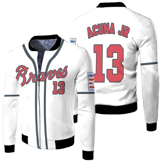 Atlanta Braves Ronald Acuna Jr 13 Mlb 2020 White Match Jersey Style Gift For Braves Fans Fleece Bomber Jacket